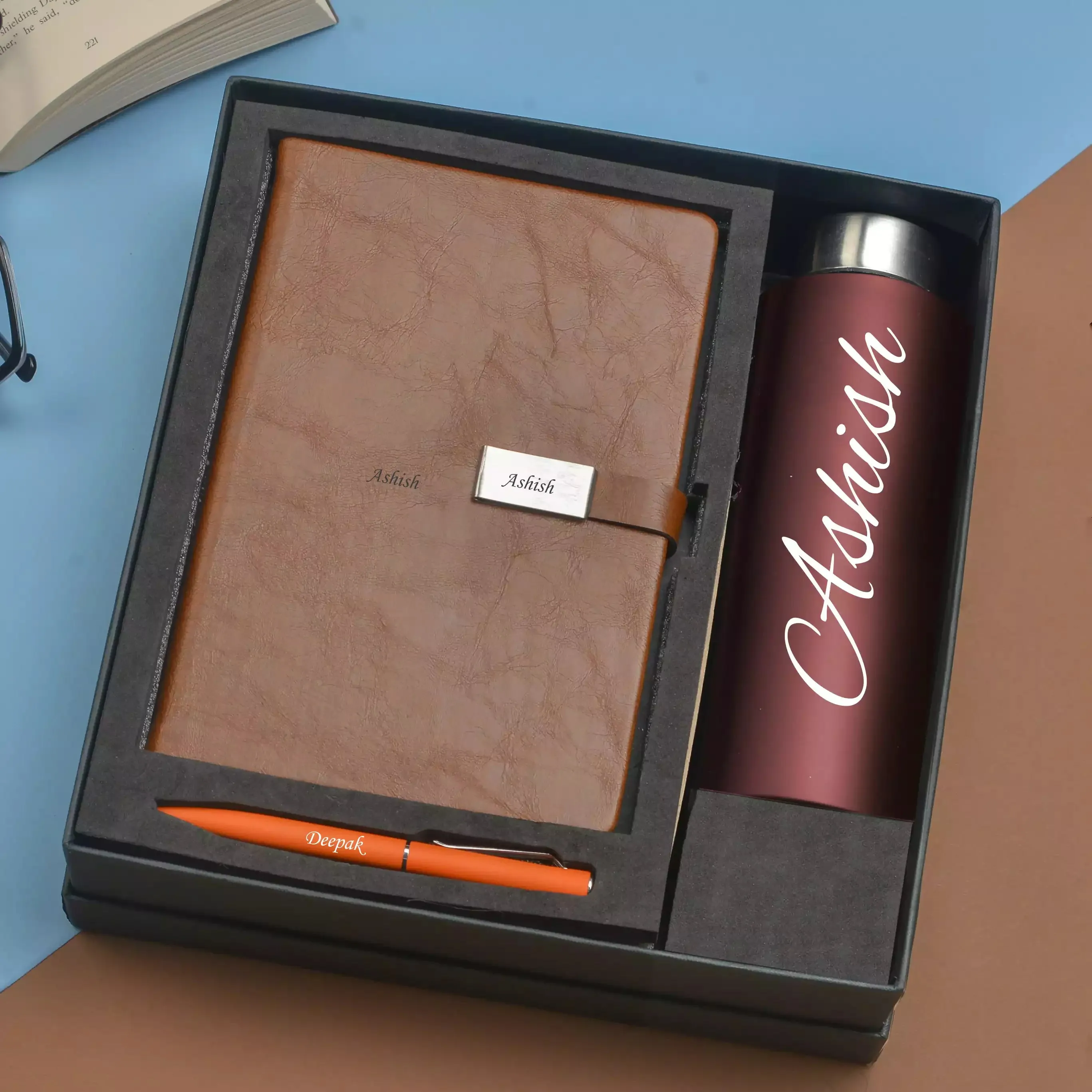 Classy Metal Flip Diary   Classic Metal Pen   Classic Smart Bottle  (Black) - Tan