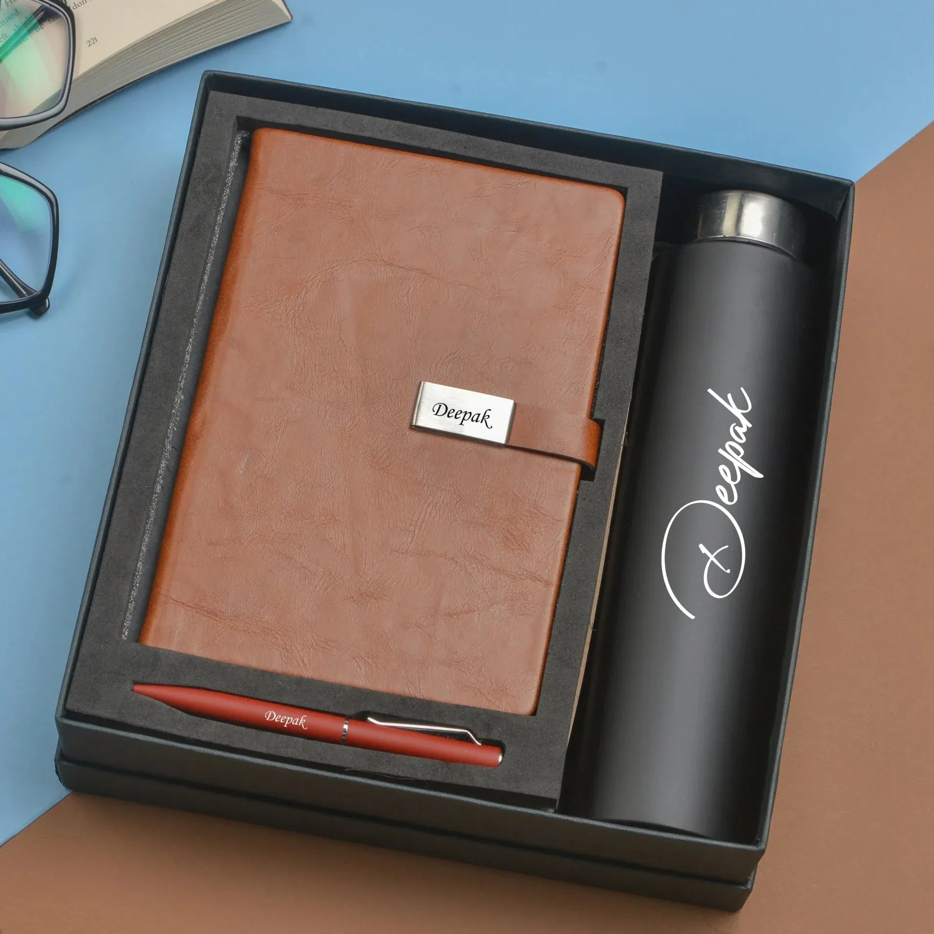 Classy Metal Flip Diary   Classic Metal Pen   Classic Smart Bottle  (Black) - Tan