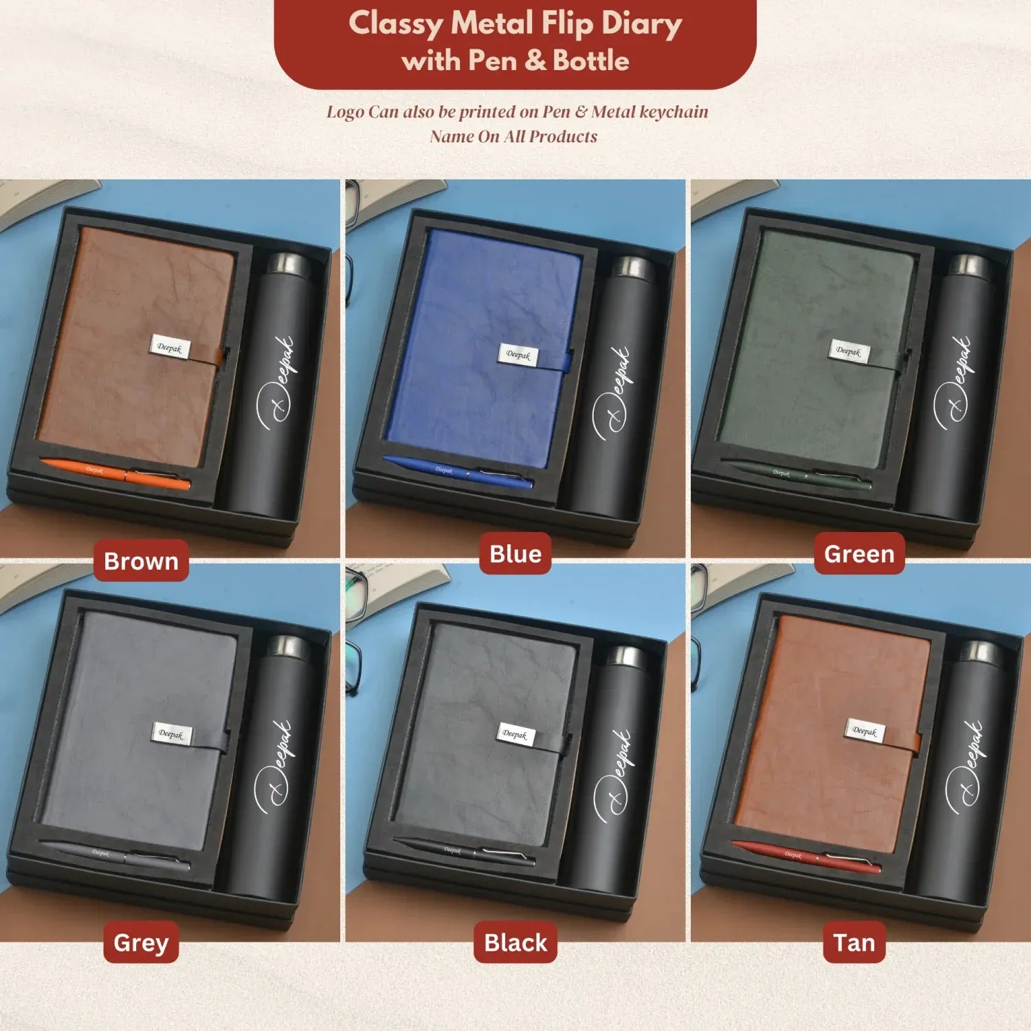 Classy Metal Flip Diary   Classic Metal Pen   Classic Smart Bottle  (Black) - Tan