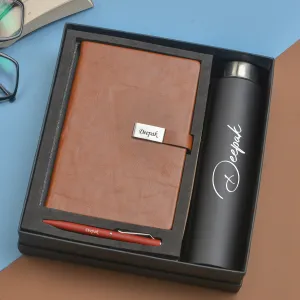 Classy Metal Flip Diary   Classic Metal Pen   Classic Smart Bottle  (Black) - Tan