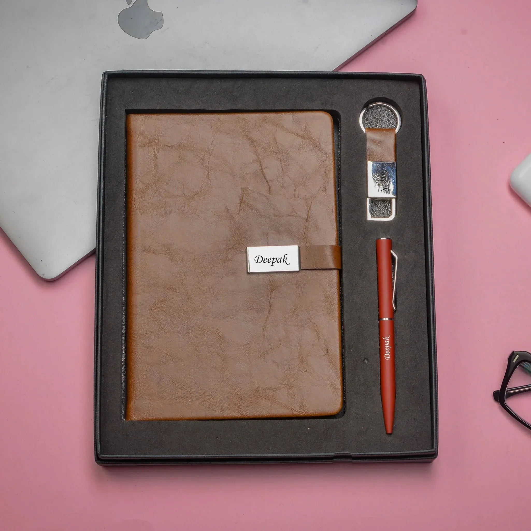 Classy Metal Flip Diary   Classic Metal Pen   Classy Leather Metal Keychain - Brown
