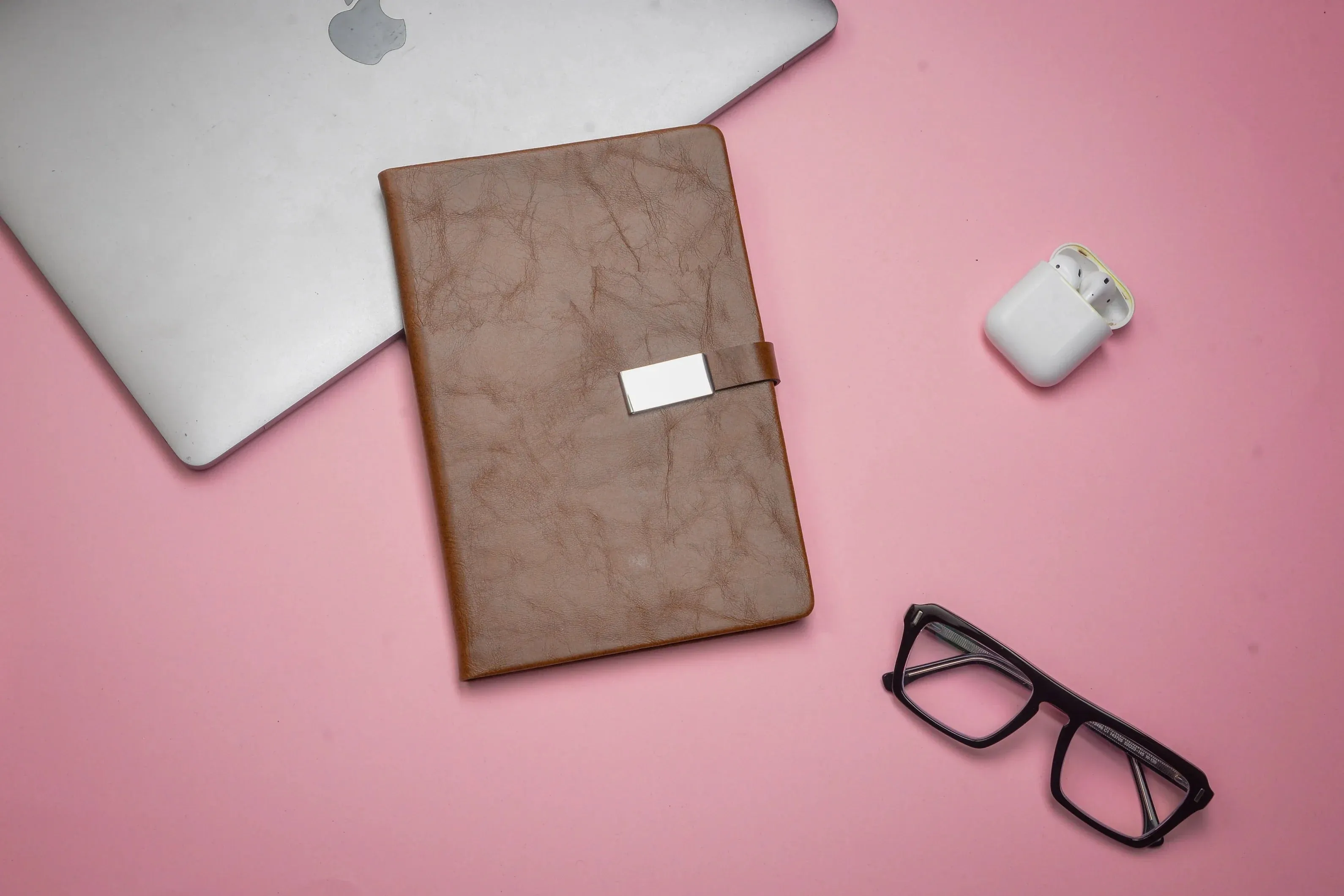 Classy Metal Flip Diary   Classic Metal Pen   Classy Leather Metal Keychain - Brown
