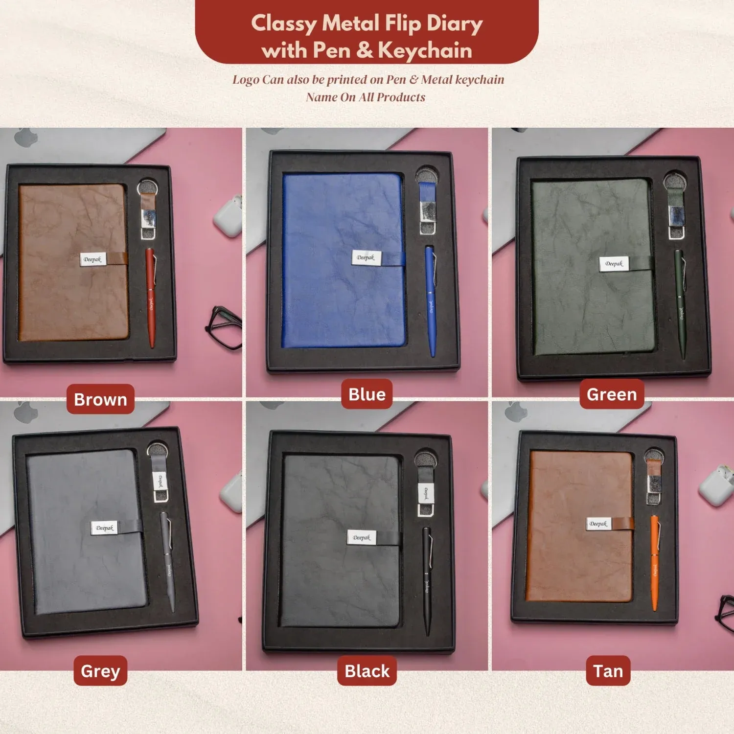 Classy Metal Flip Diary   Classic Metal Pen   Classy Leather Metal Keychain - Brown