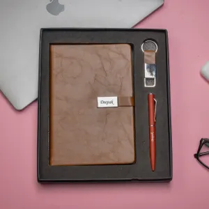 Classy Metal Flip Diary   Classic Metal Pen   Classy Leather Metal Keychain - Brown