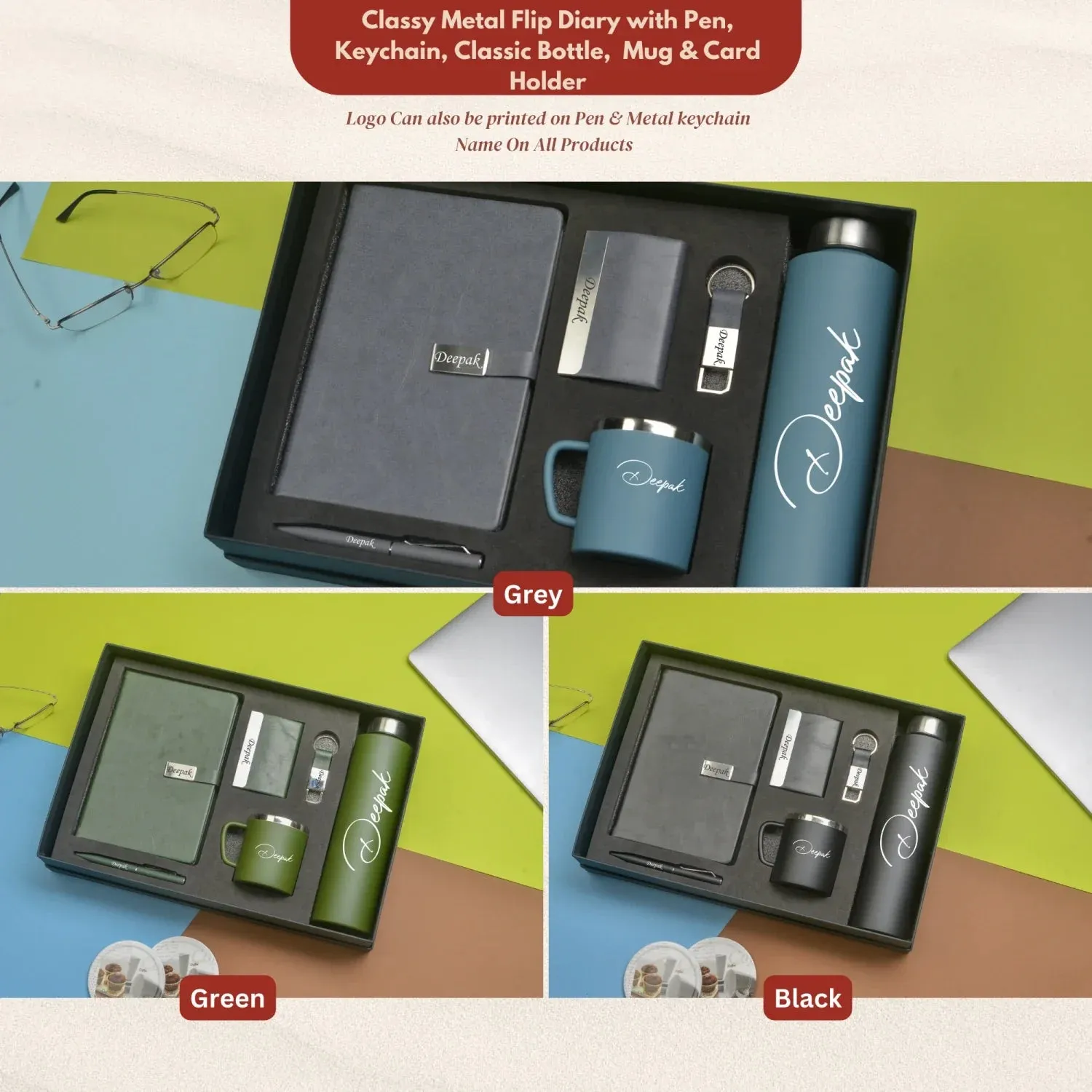 Classy Metal Flip Diary   Classic Metal Pen   Classy Leather Metal Keychain   Classy Card Holder   Classic Smart Bottle    Stainless Steel Mug - Green