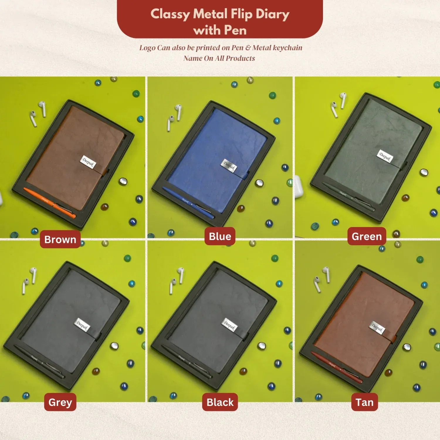 Classy Metal Flip Diary   Classic Metal Pen - Tan