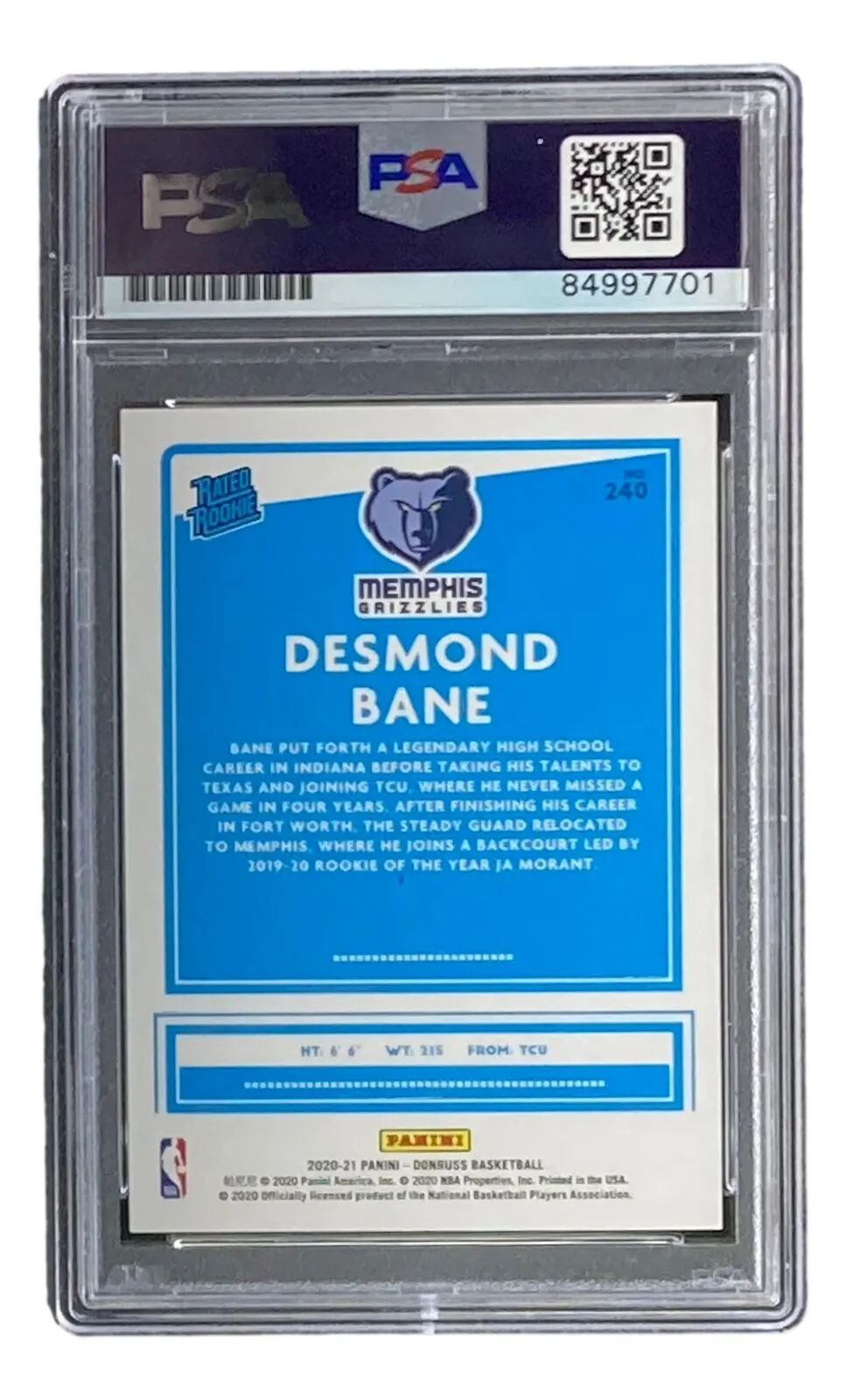 Desmond Bane Signed 2020 Donruss Rated Rookies #240 Rookie Card PSA/DNA Gem MT