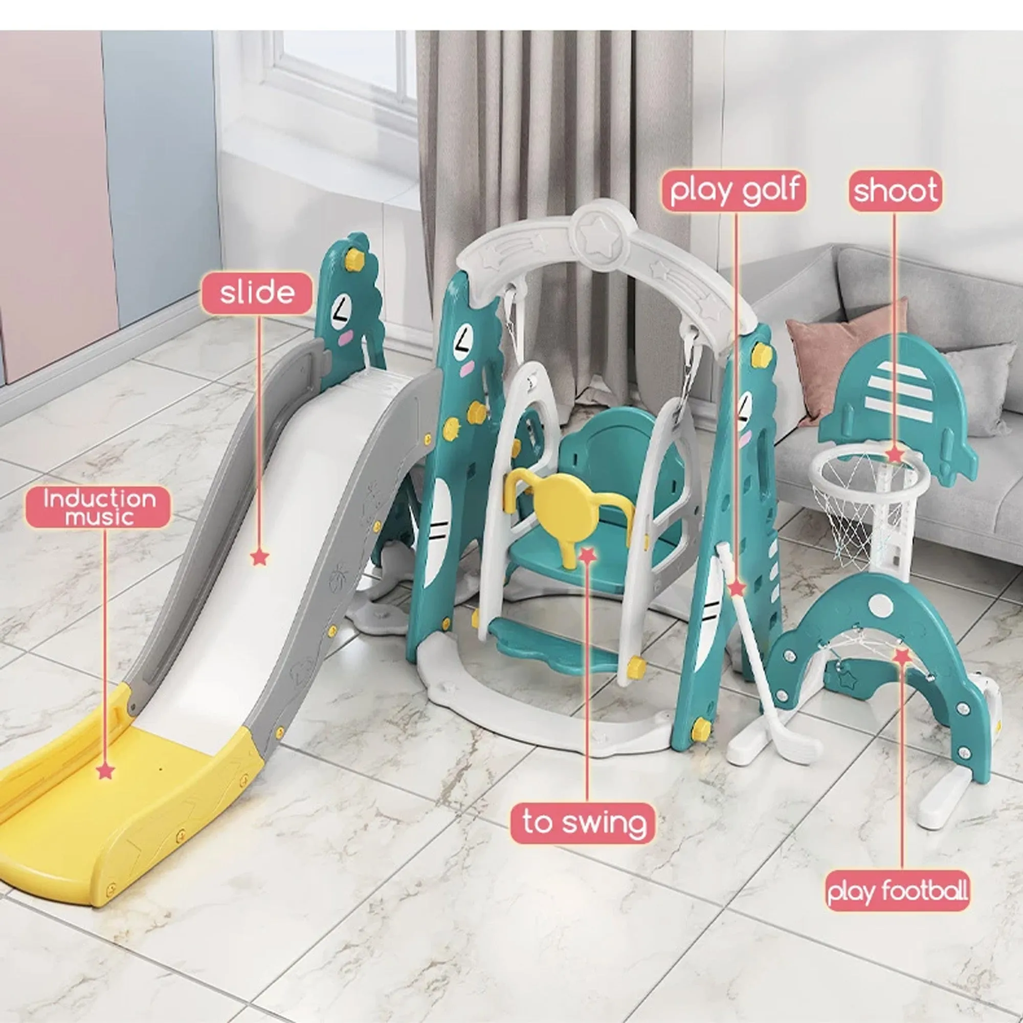 Dinosaur 5-in-1 Kids Slide & Swing Set | Basketball Hoop | Golf | Football