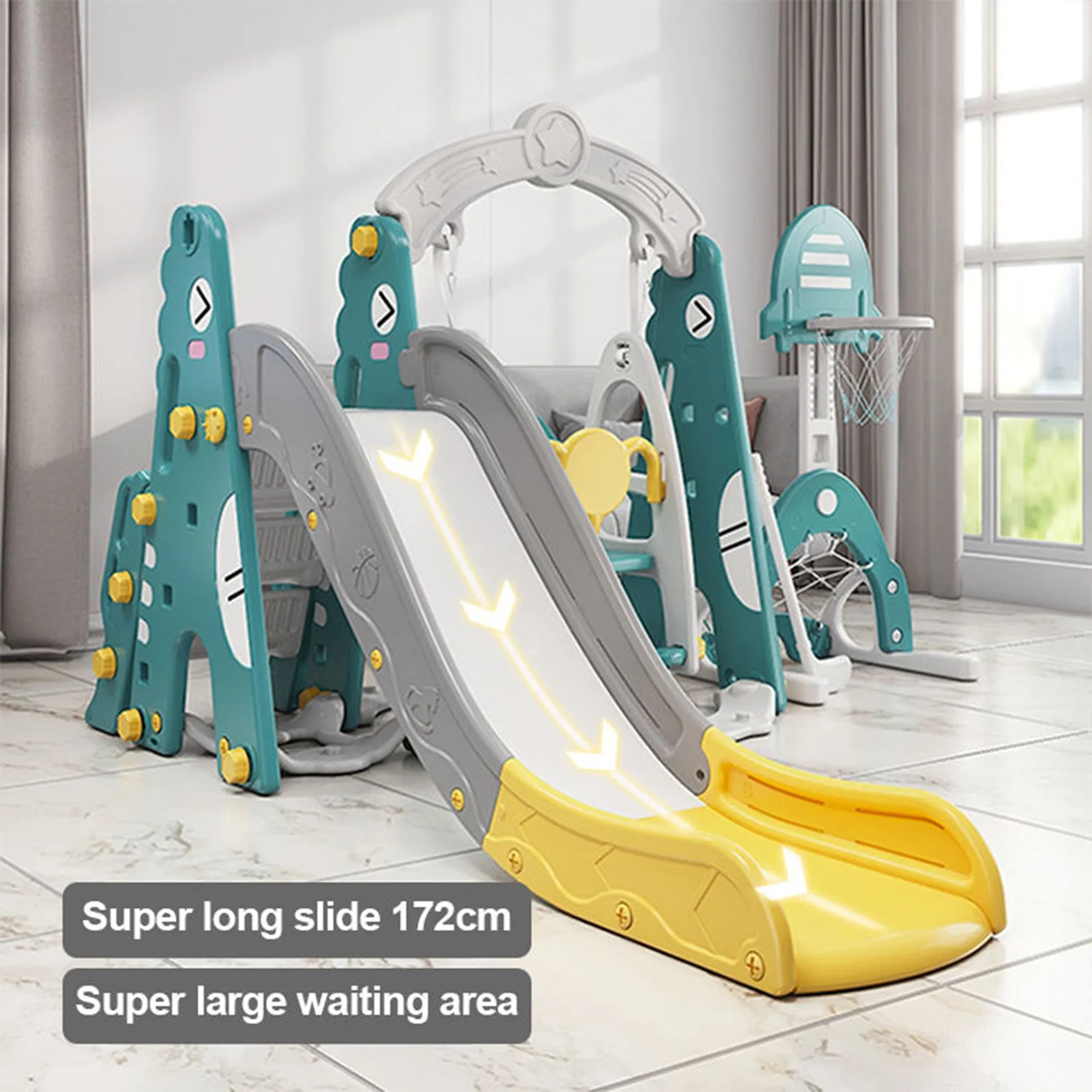 Dinosaur 5-in-1 Kids Slide & Swing Set | Basketball Hoop | Golf | Football