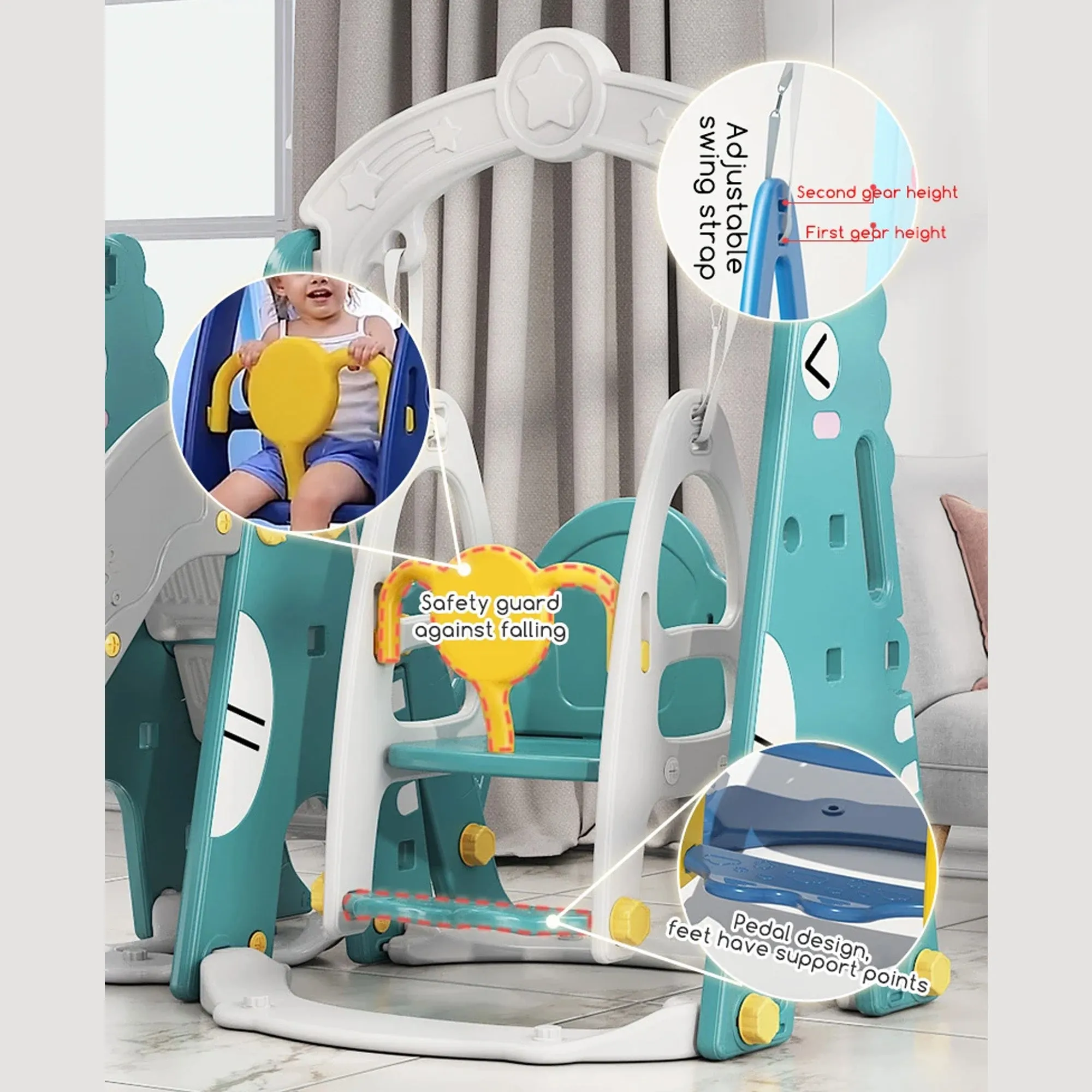 Dinosaur 5-in-1 Kids Slide & Swing Set | Basketball Hoop | Golf | Football