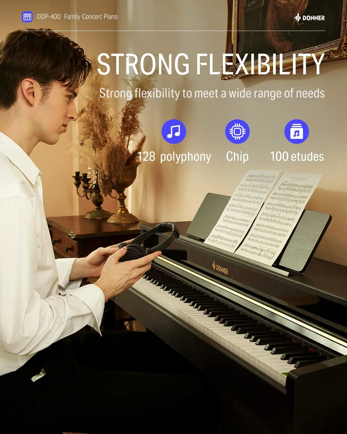 Donner DDP-400 88 Weighted Key Progressive Hammer Action Digital Piano with Furniture Stand & 3 Pedal for Professional