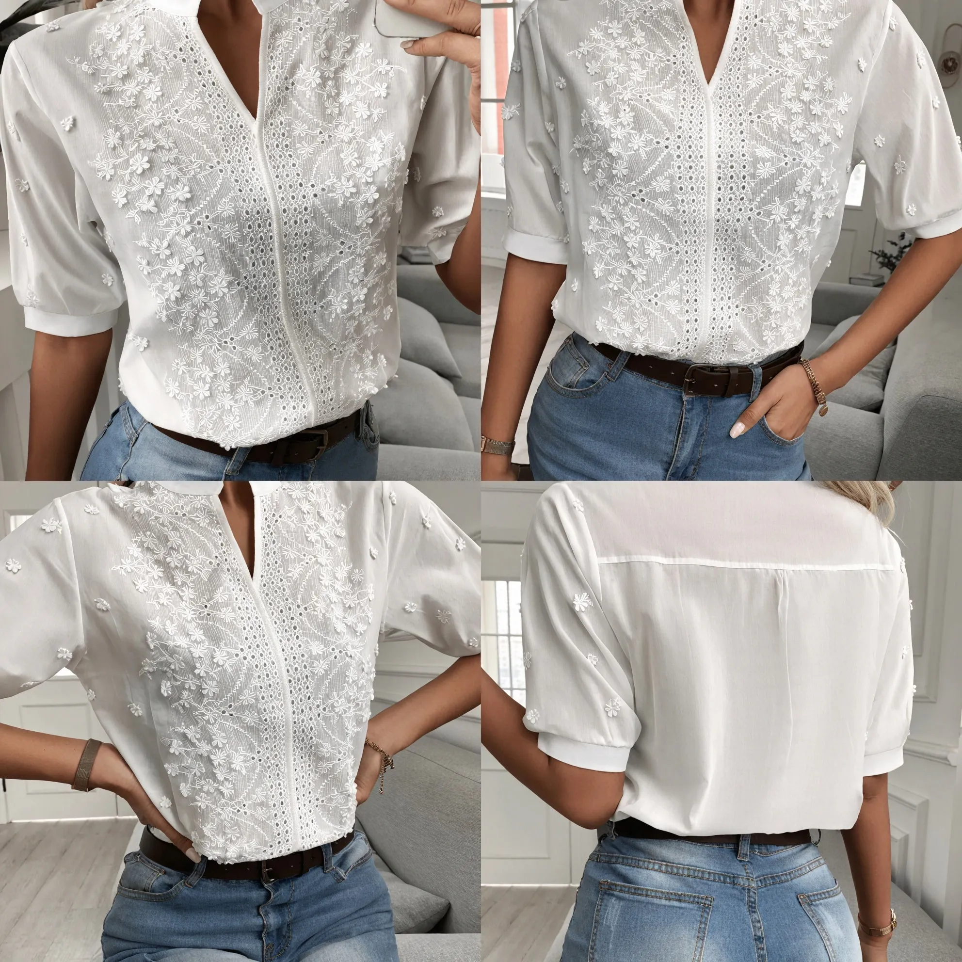 Embroidered Eyelet Blouse with Zipper Detail