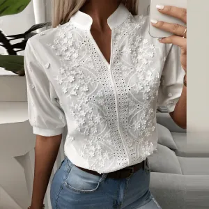 Embroidered Eyelet Blouse with Zipper Detail