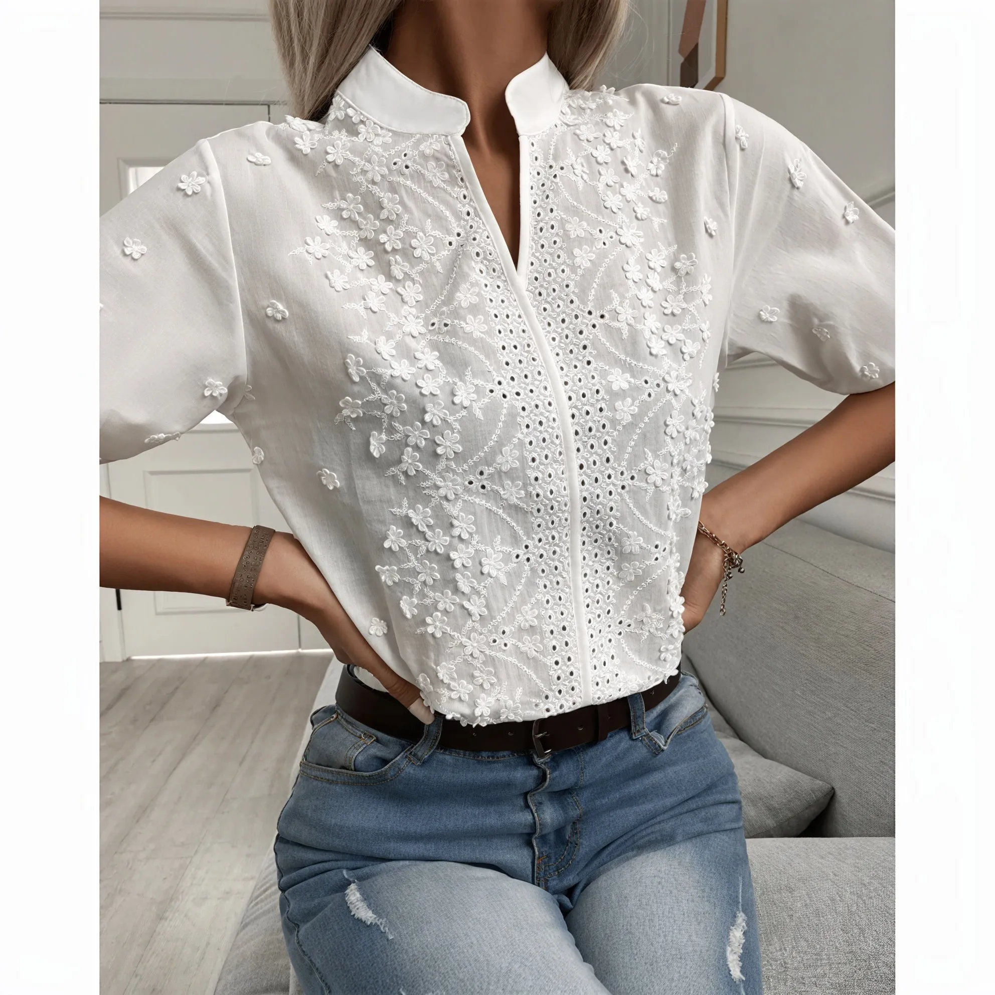 Embroidered Eyelet Blouse with Zipper Detail