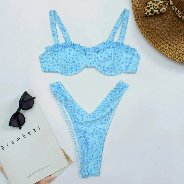 Floral Ruffle Trim Bikini Set