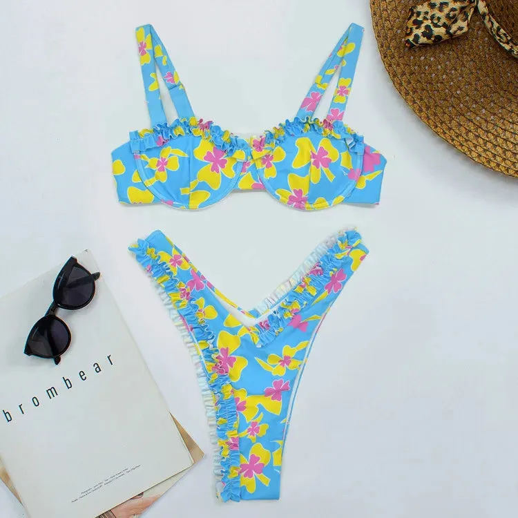 Floral Ruffle Trim Bikini Set