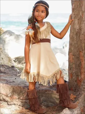 Girls Pocahontas Inspired Bohemian One Shoulder Fringe Costume Dress