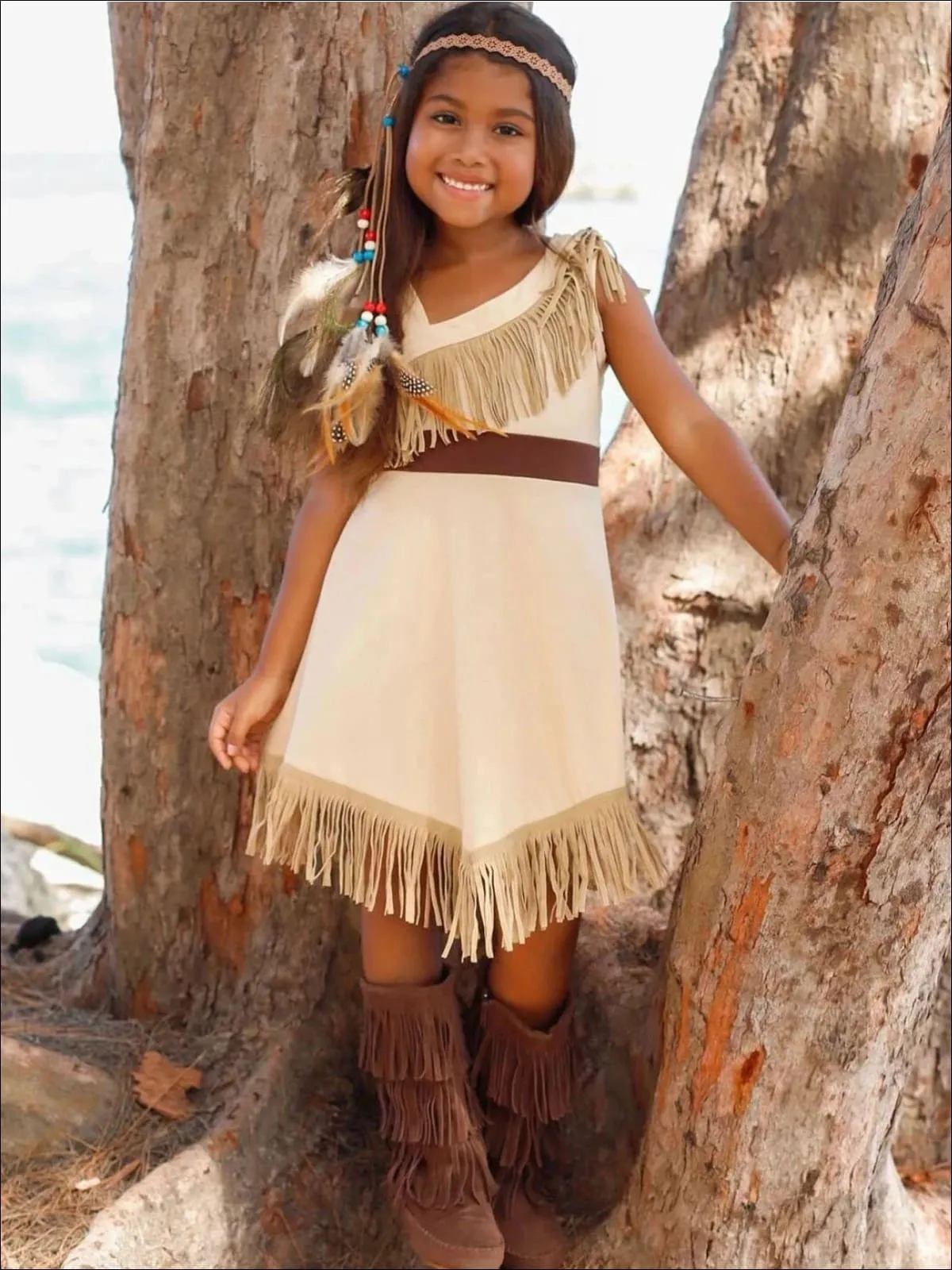 Girls Pocahontas Inspired Bohemian One Shoulder Fringe Costume Dress