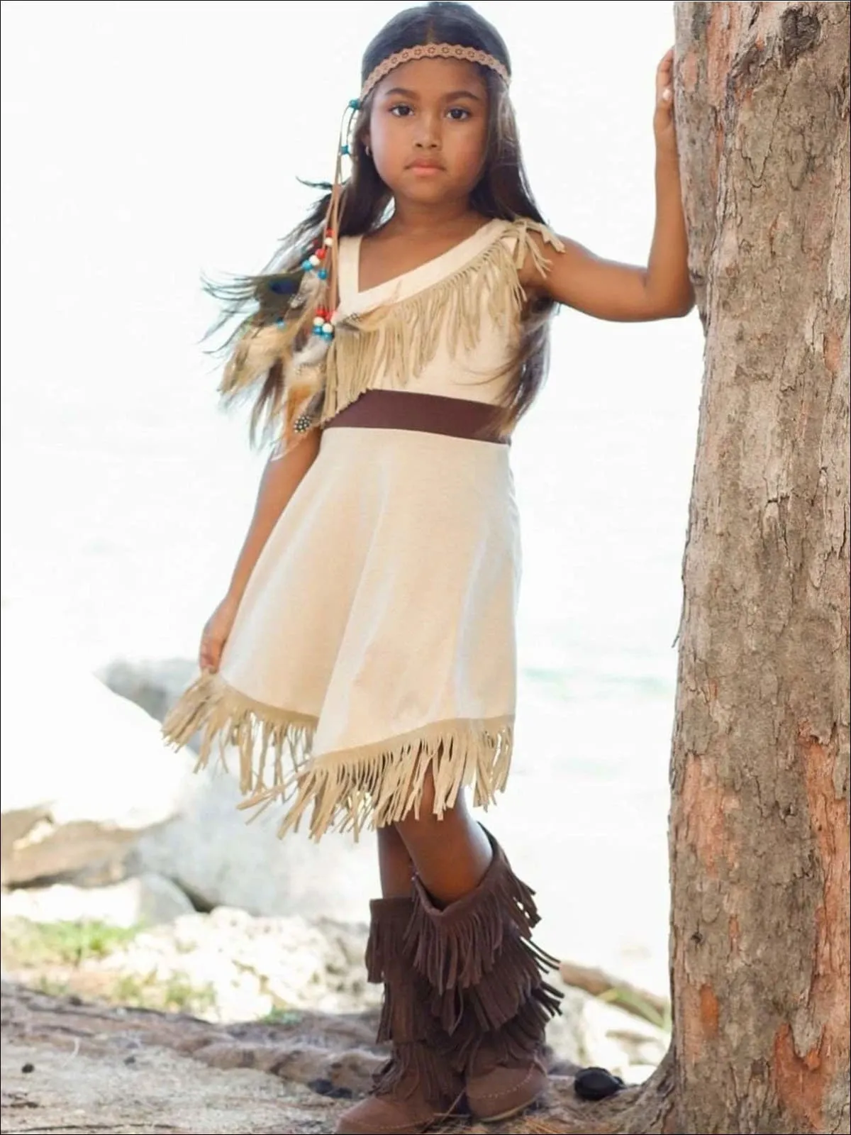 Girls Pocahontas Inspired Bohemian One Shoulder Fringe Costume Dress