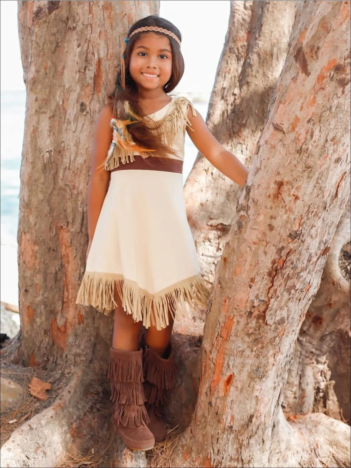 Girls Pocahontas Inspired Bohemian One Shoulder Fringe Costume Dress