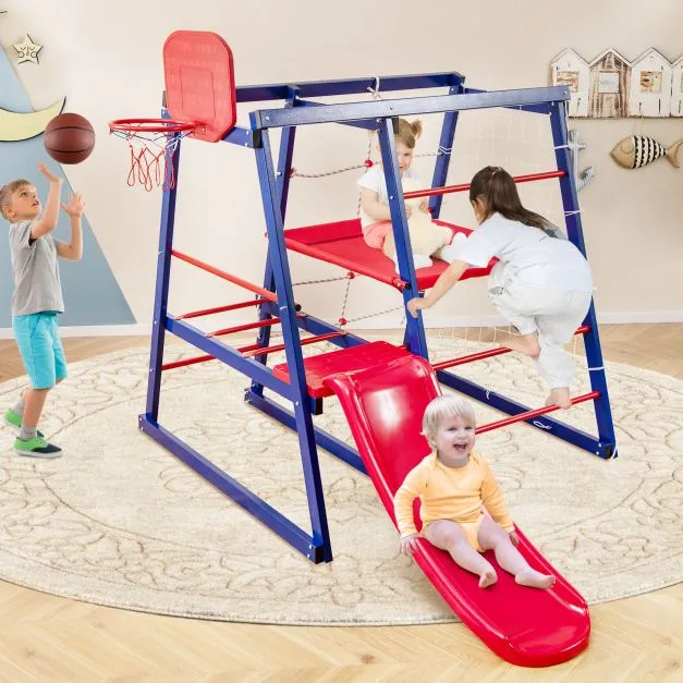Heavy Weight 7-in-1 Indoor & Outdoor Rust-Proof Montessori Climbing Gym with Slide | Basketball Hoop