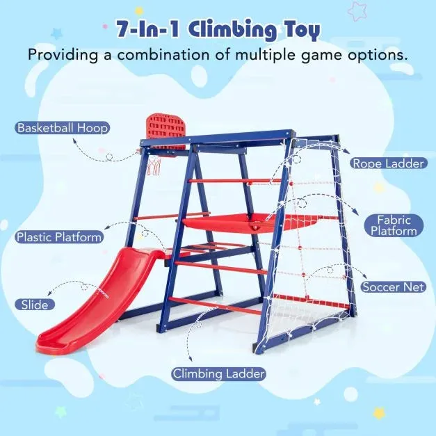 Heavy Weight 7-in-1 Indoor & Outdoor Rust-Proof Montessori Climbing Gym with Slide | Basketball Hoop