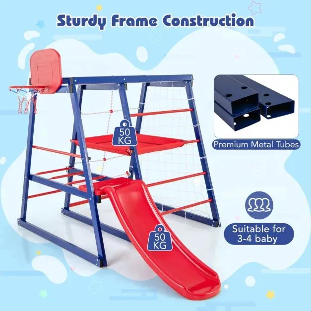 Heavy Weight 7-in-1 Indoor & Outdoor Rust-Proof Montessori Climbing Gym with Slide | Basketball Hoop