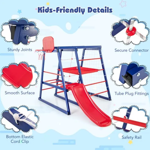 Heavy Weight 7-in-1 Indoor & Outdoor Rust-Proof Montessori Climbing Gym with Slide | Basketball Hoop