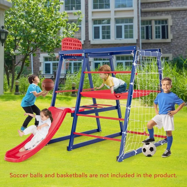 Heavy Weight 7-in-1 Indoor & Outdoor Rust-Proof Montessori Climbing Gym with Slide | Basketball Hoop
