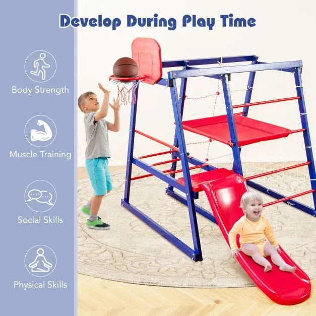 Heavy Weight 7-in-1 Indoor & Outdoor Rust-Proof Montessori Climbing Gym with Slide | Basketball Hoop