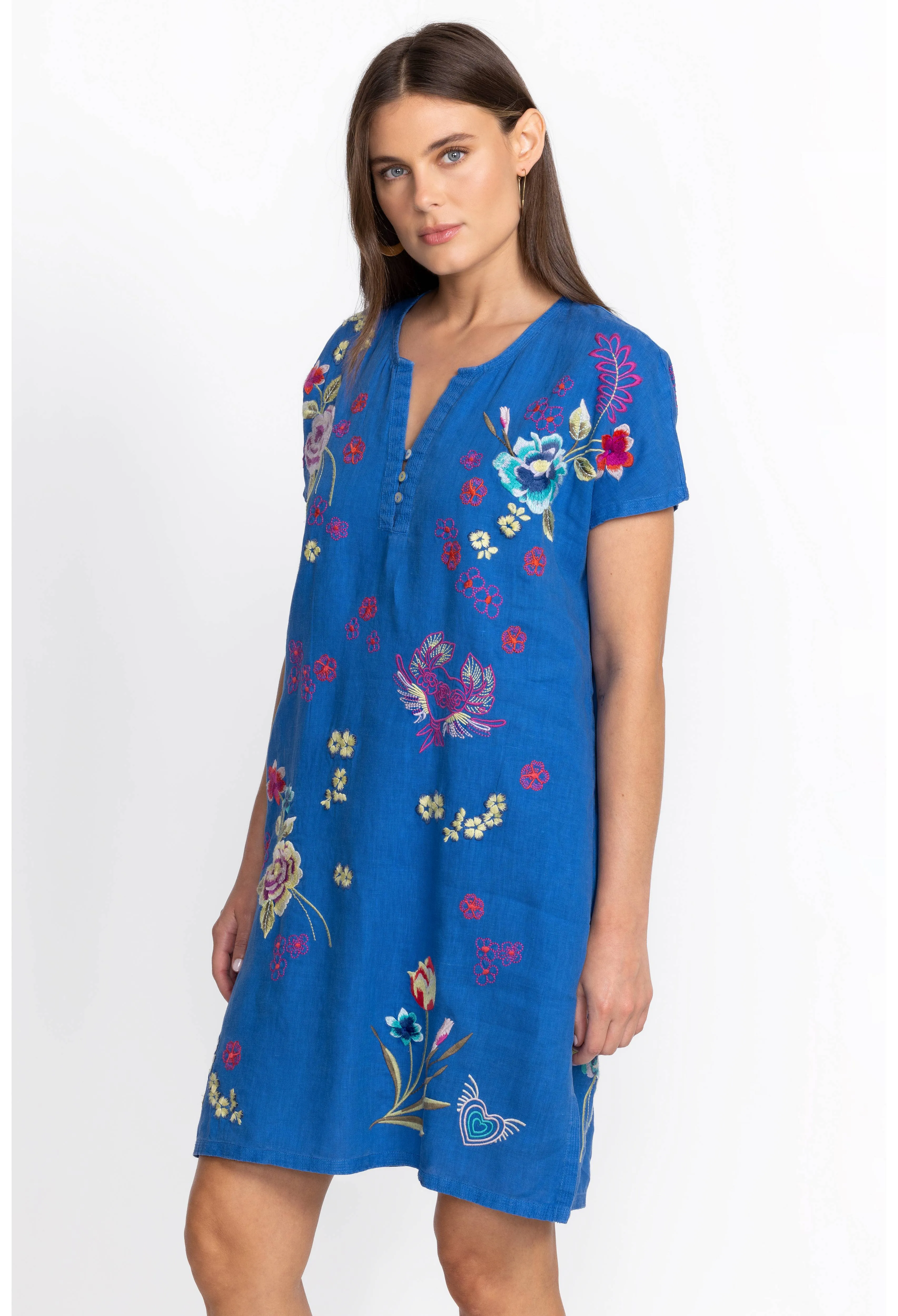 Johnny Was Jessi Button Front Linen Dress Floral Embroid Flowers Blue Small New