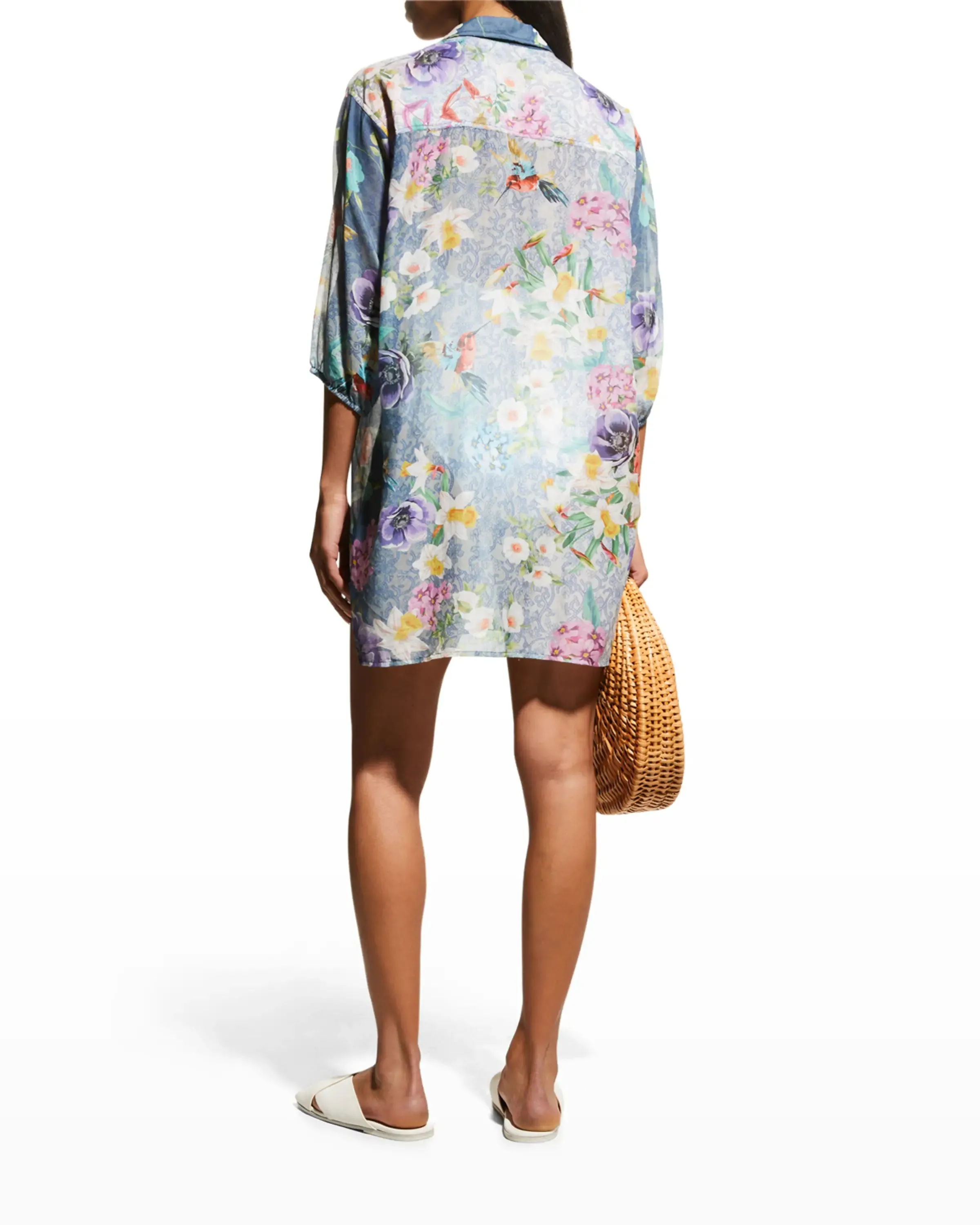 Johnny Was Sunrise Blue Flower Swim Resort Cover Up Floral Paria Shirt Dress Large NEW