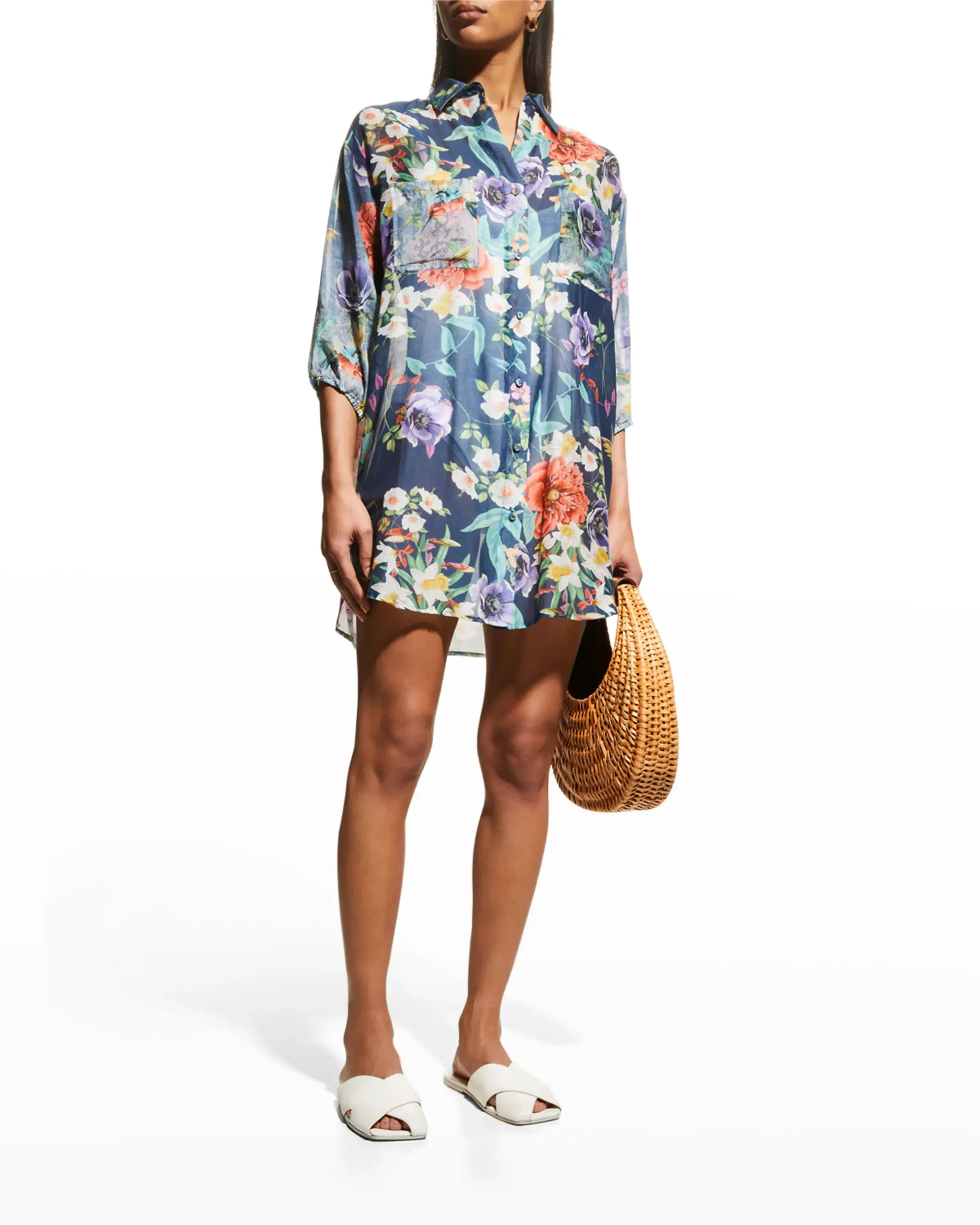 Johnny Was Sunrise Blue Flower Swim Resort Cover Up Floral Paria Shirt Dress Large NEW