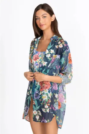 Johnny Was Sunrise Blue Flower Swim Resort Cover Up Floral Paria Shirt Dress Large NEW