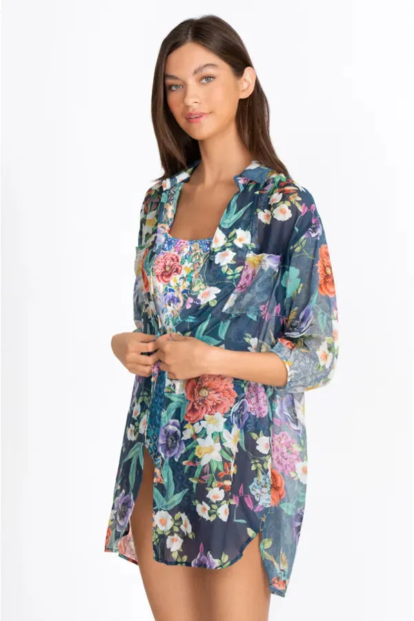Johnny Was Sunrise Blue Flower Swim Resort Cover Up Floral Paria Shirt Dress Large NEW