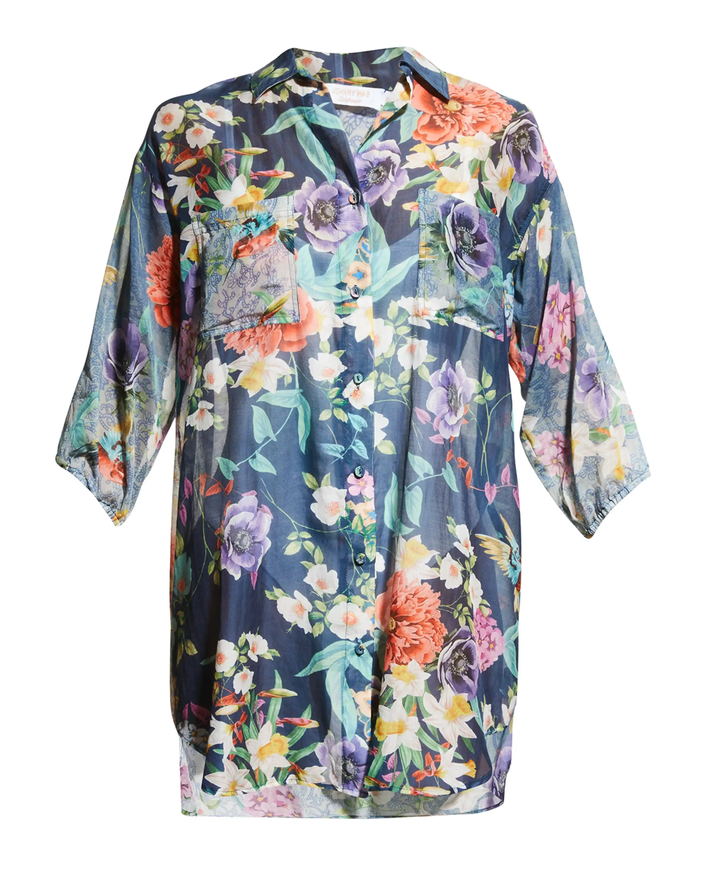 Johnny Was Sunrise Blue Flower Swim Resort Cover Up Floral Paria Shirt Dress Large NEW
