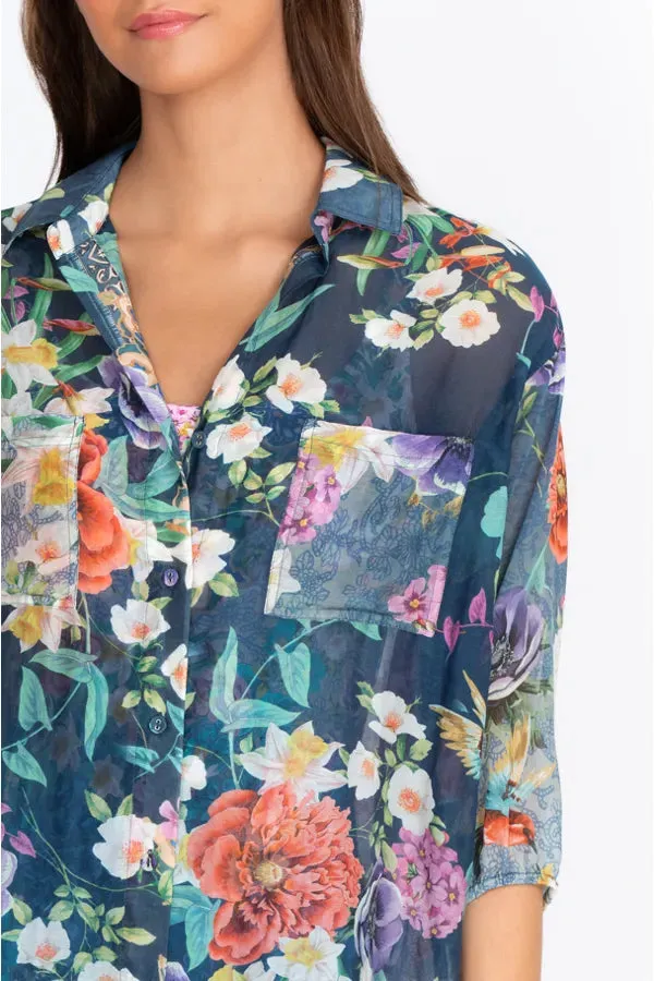Johnny Was Sunrise Blue Flower Swim Resort Cover Up Floral Paria Shirt Dress Large NEW
