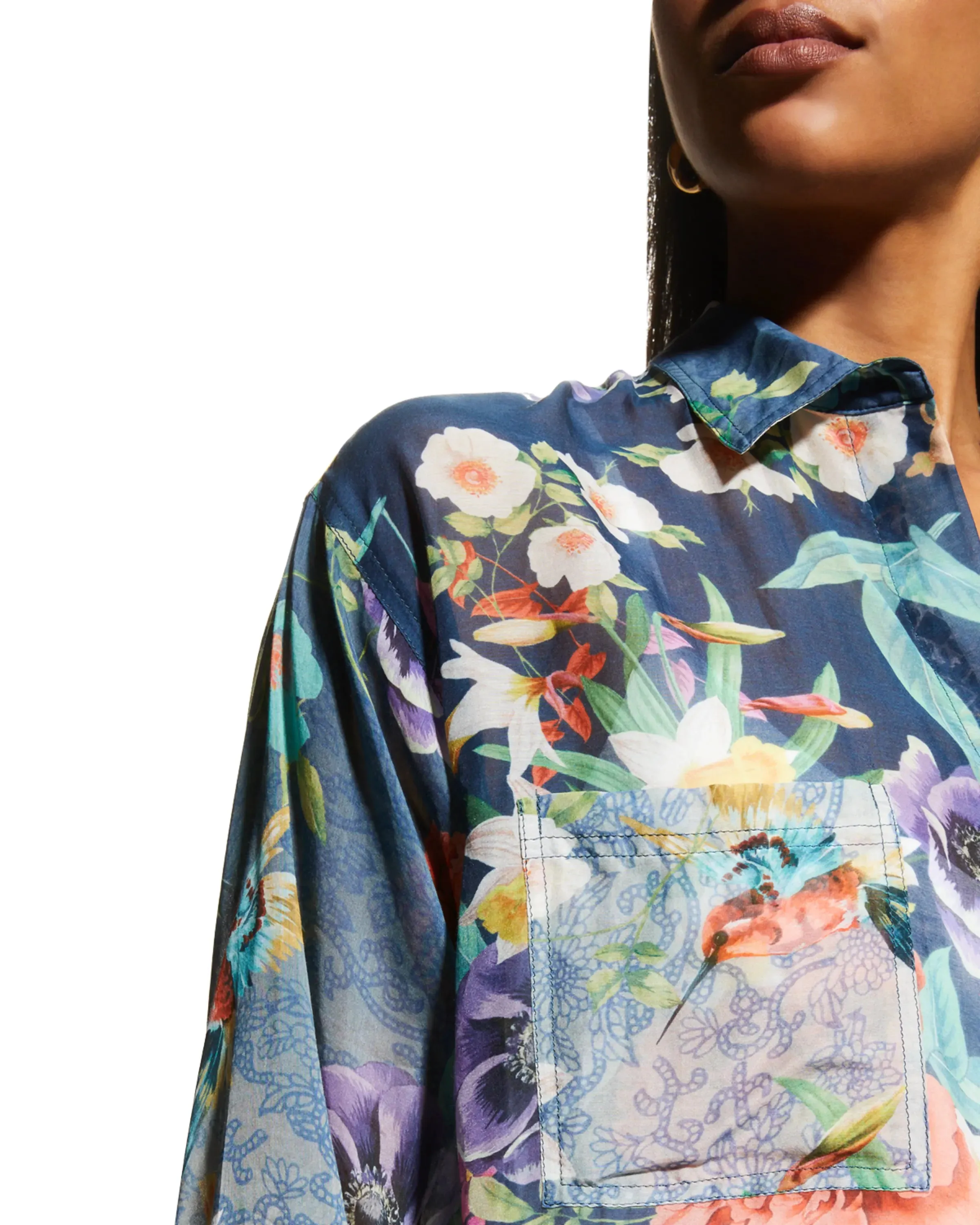 Johnny Was Sunrise Blue Flower Swim Resort Cover Up Floral Paria Shirt Dress Large NEW