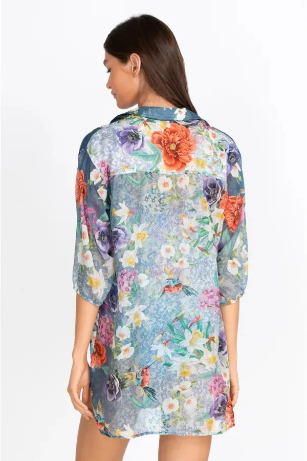 Johnny Was Sunrise Blue Flower Swim Resort Cover Up Floral Paria Shirt Dress Large NEW