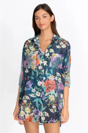 Johnny Was Sunrise Blue Flower Swim Resort Cover Up Floral Paria Shirt Dress XL NEW
