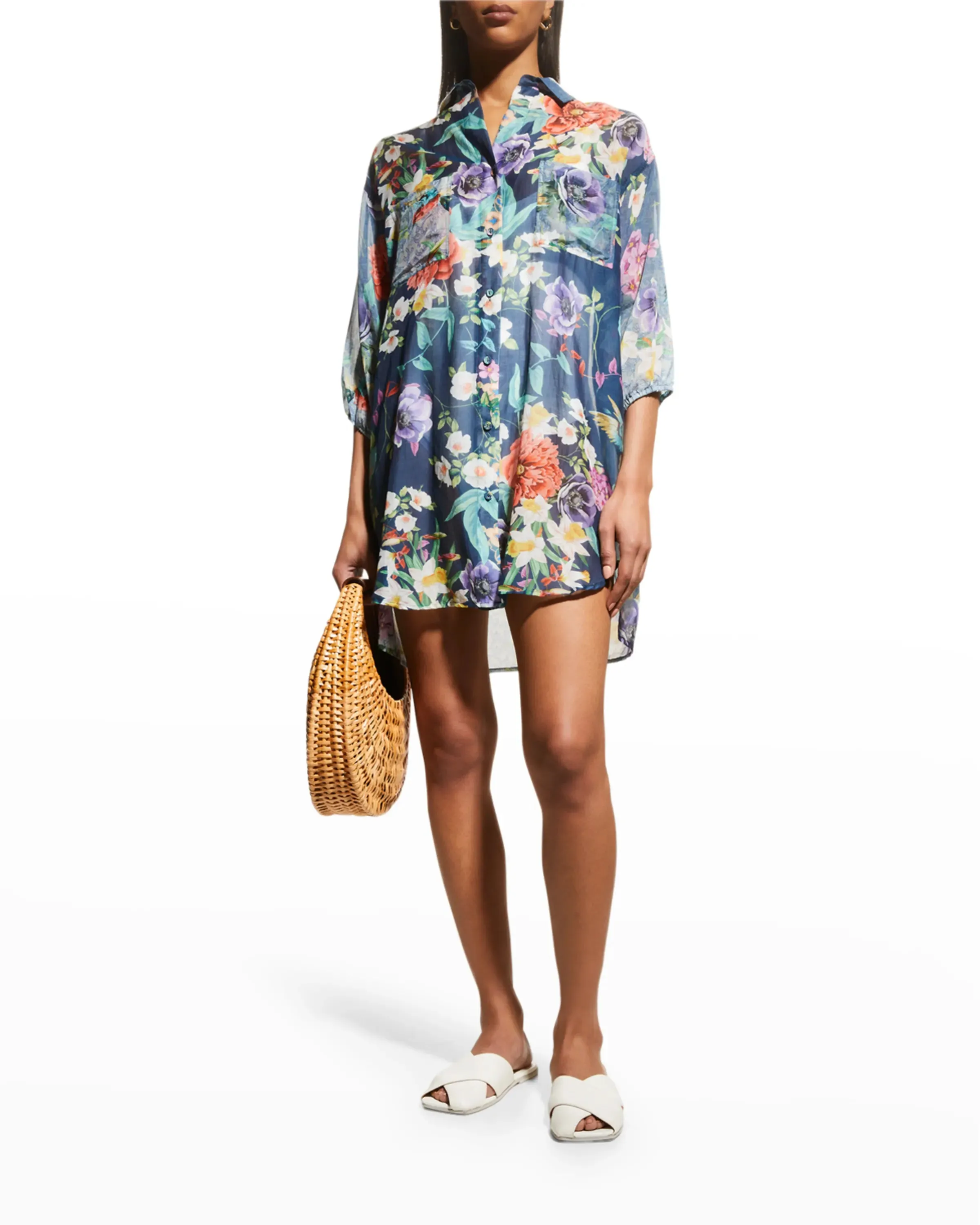 Johnny Was Sunrise Blue Flower Swim Resort Cover Up Floral Paria Shirt Dress XL NEW