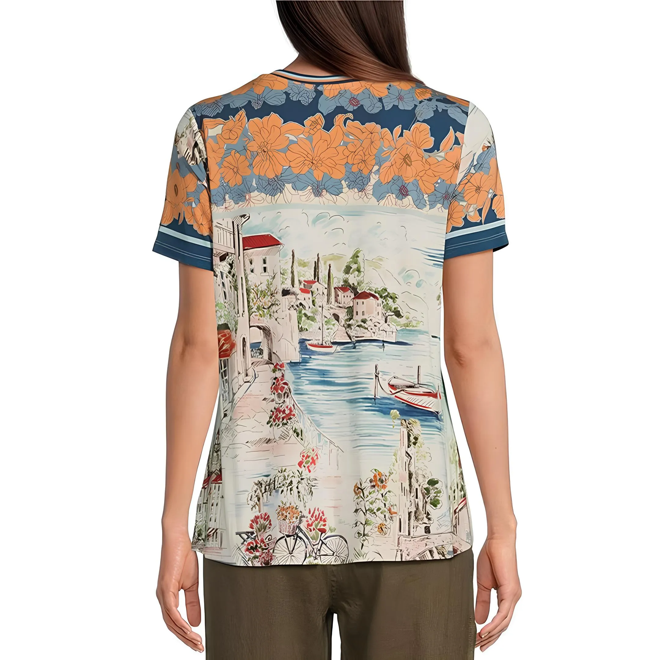 Johnny Was Vakash Janie Favorite Short Sleeve Swing Tee Shirt Top White Blue New
