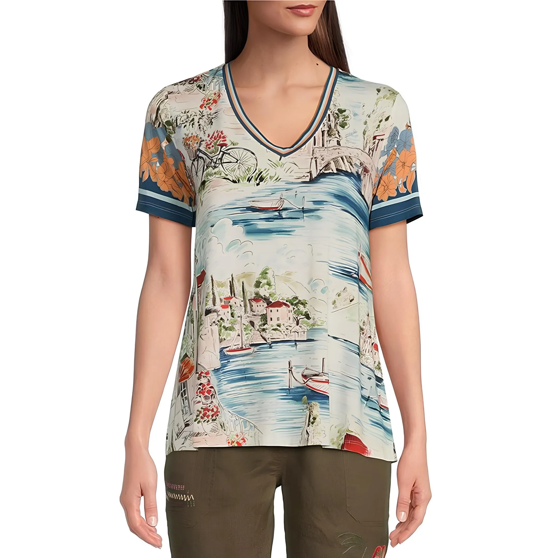 Johnny Was Vakash Janie Favorite Short Sleeve Swing Tee Shirt Top White Blue New