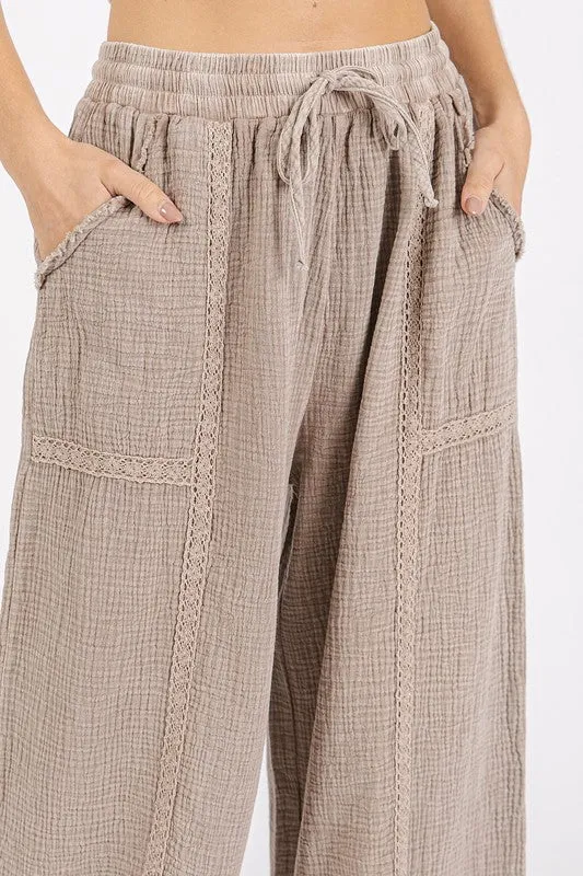 Lace Trim Detail Cotton Pants in Mocha