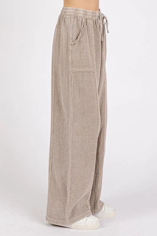Lace Trim Detail Cotton Pants in Mocha