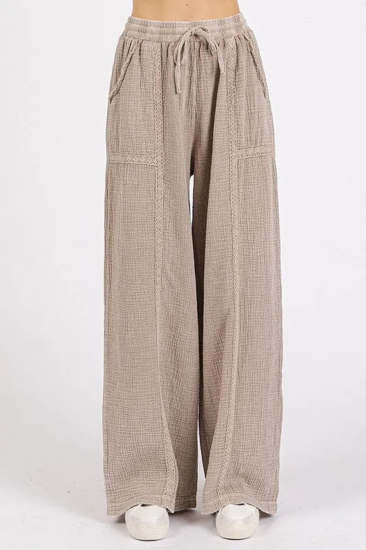 Lace Trim Detail Cotton Pants in Mocha