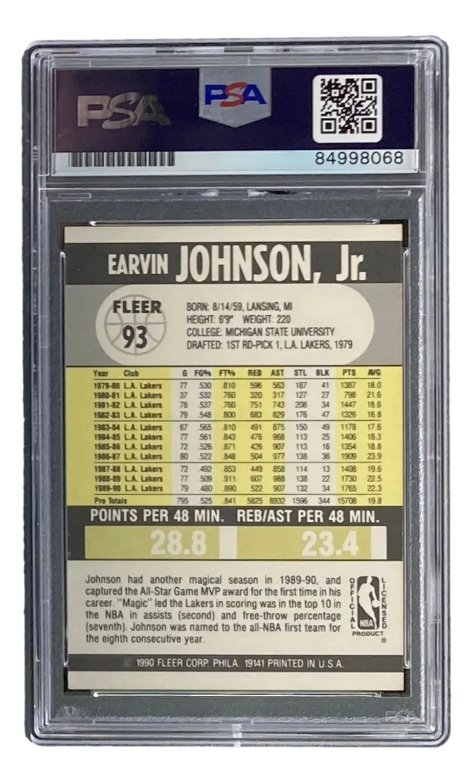 Magic Johnson Signed LA Lakers 1990 Fleer #93 Trading Card PSA/DNA Gem MT 10