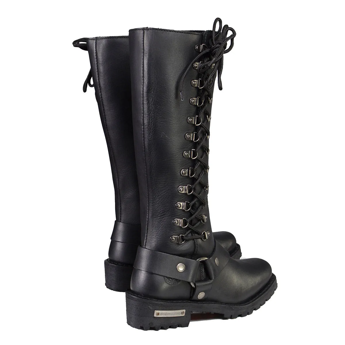 MBL9365 Ladies Black 14-Inch Classic Harness Square Toe Leather Tall Boots with Lacing Detail
