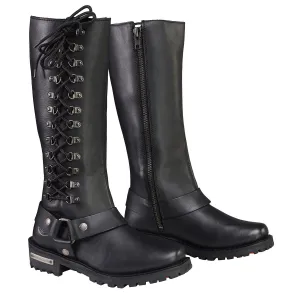 MBL9365 Ladies Black 14-Inch Classic Harness Square Toe Leather Tall Boots with Lacing Detail