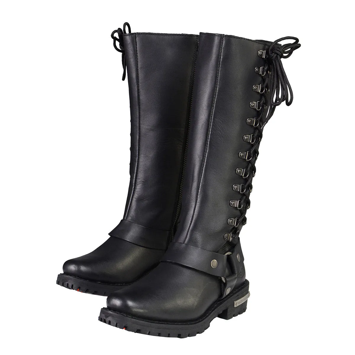 MBL9365 Ladies Black 14-Inch Classic Harness Square Toe Leather Tall Boots with Lacing Detail